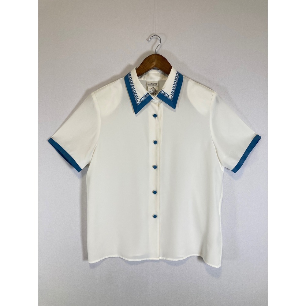 Vintage Liz Baker Women 12P White Teal Embroidered Collar Shoulder Pad Blouse